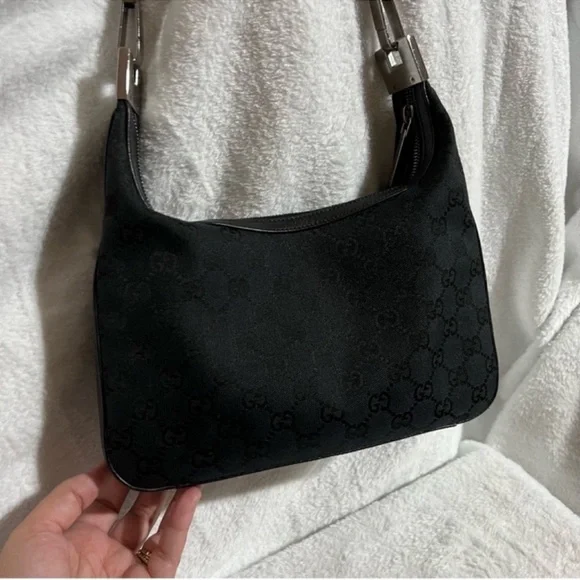 Vintage Gucci Black GG Logo Canvas Hobo Bag - Picture 1 of 16